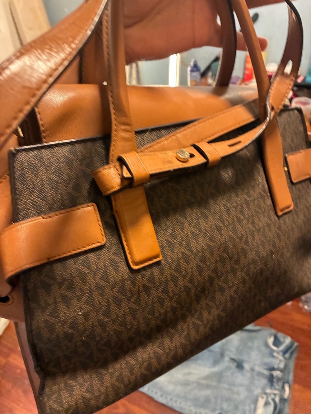 Michael Kors Brown Monogram Shoulder Bag with Tan Leather Trim